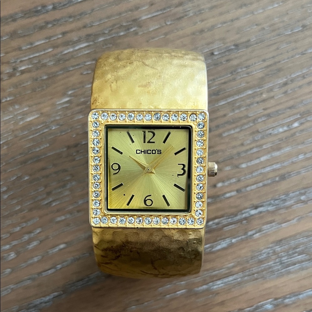 Chico's Gold Square Face Cuff Bracelet Watch with Crystal Trim